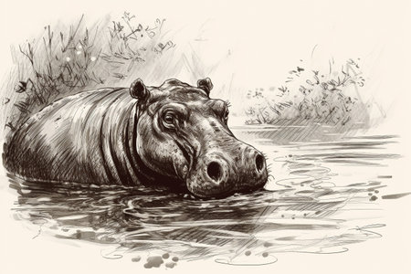 Hand drawn ink illustration of a hippopotamus in its natural habitat. Created with generative AI.の素材