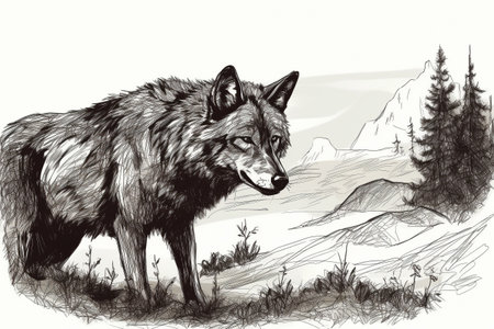 Hand drawn ink illustration of a wolf in its natural habitat. Created with generative AI.の素材