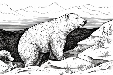 Hand drawn ink illustration of a polar bear in its natural habitat. Created with generative AI.の素材