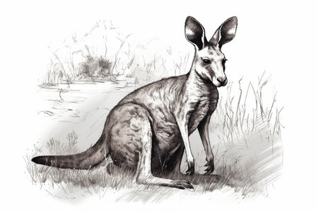 Hand drawn ink illustration of a kangaroo in its natural habitat. Created with generative AI.の素材