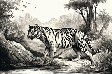 Hand drawn ink illustration of a tiger in its natural habitat. Created with generative AI.の素材