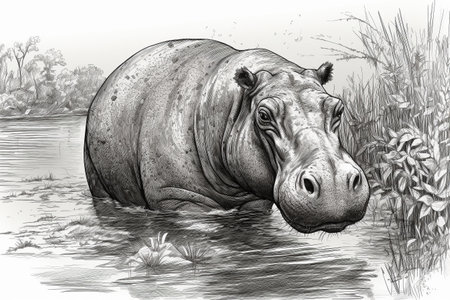 Hand drawn ink illustration of a hippopotamus in its natural habitat. Created with generative AI.の素材