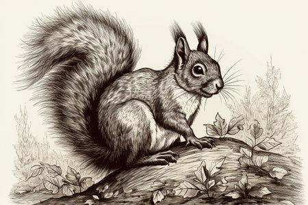 Hand drawn ink illustration of a squirrel in its natural habitat. Created with generative AI.の素材