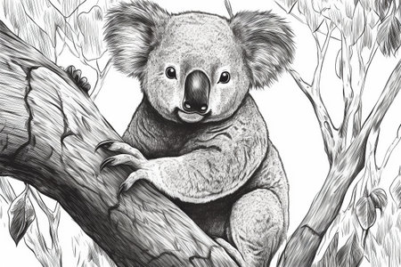 Hand drawn ink illustration of a koala bear in its natural habitat. Created with generative AI.の素材
