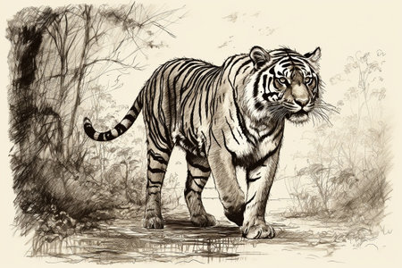 Hand drawn ink illustration of a tiger in its natural habitat. Created with generative AI.の素材