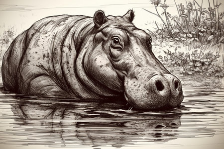 Hand drawn ink illustration of a hippopotamus in its natural habitat. Created with generative AI.の素材