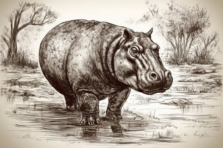 Hand drawn ink illustration of a hippopotamus in its natural habitat. Created with generative AI.の素材