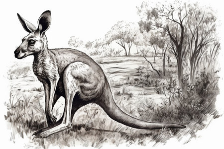 Hand drawn ink illustration of a kangaroo in its natural habitat. Created with generative AI.の素材