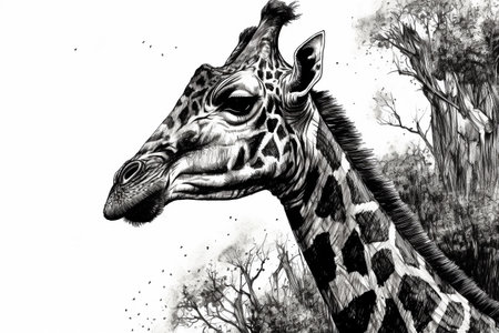 Hand drawn ink illustration of a giraffe in its natural habitat. Created with generative AI.の素材