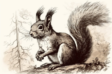 Hand drawn ink illustration of a squirrel in its natural habitat. Created with generative AI.の素材