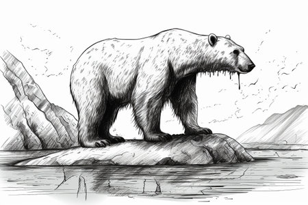 Hand drawn ink illustration of a polar bear in its natural habitat. Created with generative AI.の素材
