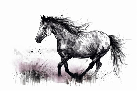 Hand drawn ink illustration of a wild horse in its natural habitat. Created with generative AI.の素材