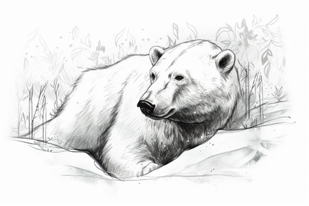 Hand drawn ink illustration of a polar bear in its natural habitat. Created with generative AI.の素材