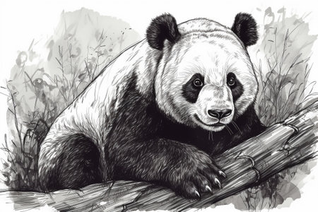 Hand drawn ink illustration of a panda bear in its natural habitat. Created with generative AI.の素材
