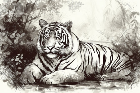 Hand drawn ink illustration of a tiger in its natural habitat. Created with generative AI.の素材