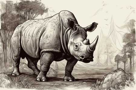 Hand drawn ink illustration of a rhinoceros in its natural habitat. Created with generative AI.の素材