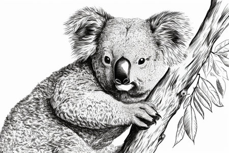 Hand drawn ink illustration of a koala bear in its natural habitat. Created with generative AI.の素材