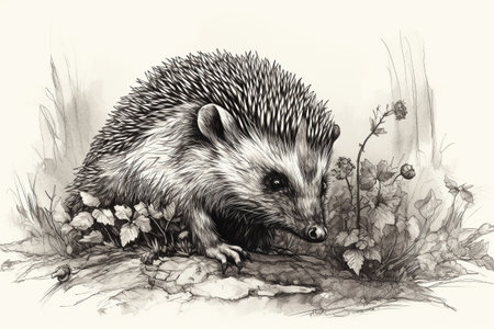 Hand drawn ink illustration of a hedgehog in its natural habitat. Created with generative AI.の素材