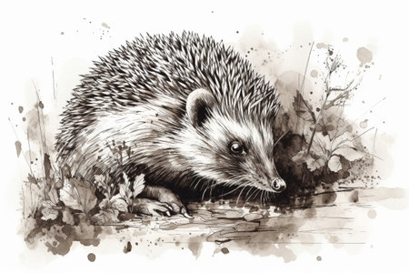 Hand drawn ink illustration of a hedgehog in its natural habitat. Created with generative AI.の素材