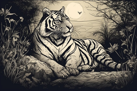 Hand drawn ink illustration of a tiger in its natural habitat. Created with generative AI.の素材