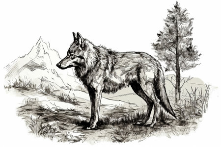 Hand drawn ink illustration of a wolf in its natural habitat. Created with generative AI.の素材