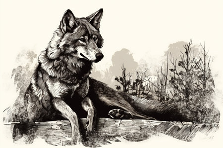 Hand drawn ink illustration of a wolf in its natural habitat. Created with generative AI.の素材