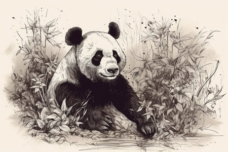 Hand drawn ink illustration of a panda bear in its natural habitat. Created with generative AI.の素材
