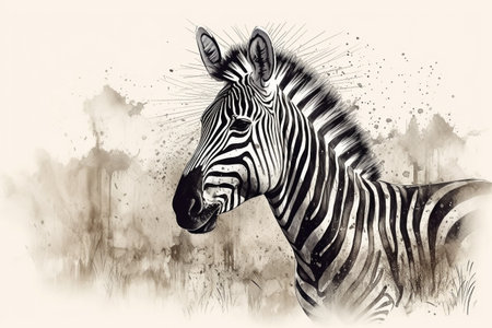 Hand drawn ink illustration of a zebra in its natural habitat. Created with generative AI.の素材