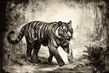 Hand drawn ink illustration of a tiger in its natural habitat. Created with generative AI.の素材