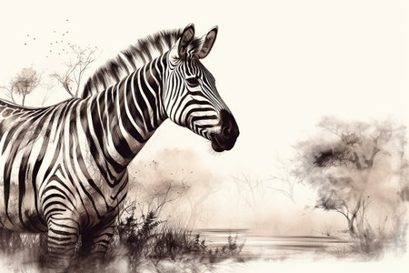 Hand drawn ink illustration of a zebra in its natural habitat. Created with generative AI.の素材
