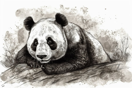 Hand drawn ink illustration of a panda bear in its natural habitat. Created with generative AI.の素材