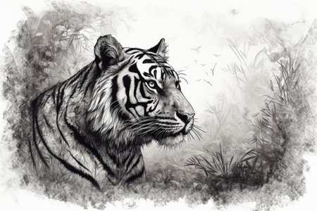 Hand drawn ink illustration of a tiger in its natural habitat. Created with generative AI.の素材