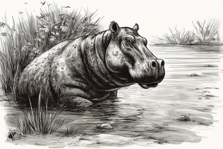 Hand drawn ink illustration of a hippopotamus in its natural habitat. Created with generative AI.の素材