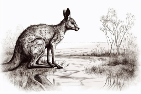 Hand drawn ink illustration of a kangaroo in its natural habitat. Created with generative AI.の素材