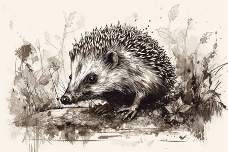 Hand drawn ink illustration of a hedgehog in its natural habitat. Created with generative AI.の素材