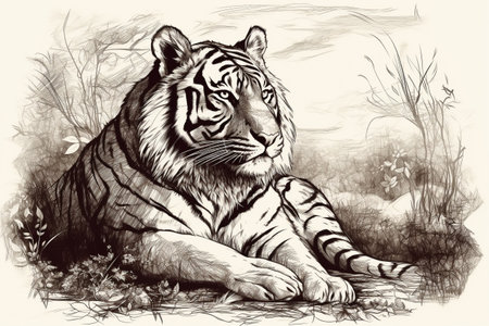 Hand drawn ink illustration of a tiger in its natural habitat. Created with generative AI.の素材