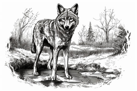 Hand drawn ink illustration of a wolf in its natural habitat. Created with generative AI.の素材