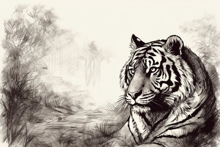 Hand drawn ink illustration of a tiger in its natural habitat. Created with generative AI.の素材