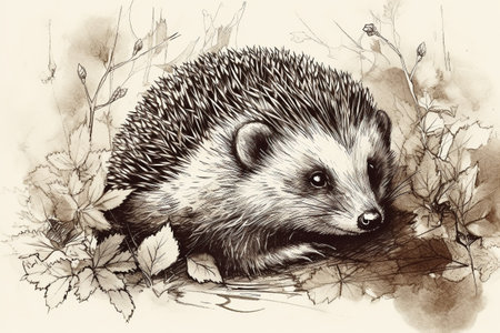 Hand drawn ink illustration of a hedgehog in its natural habitat. Created with generative AI.の素材