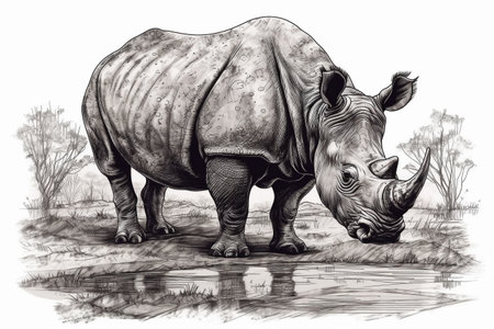 Hand drawn ink illustration of a rhinoceros in its natural habitat. Created with generative AI.の素材
