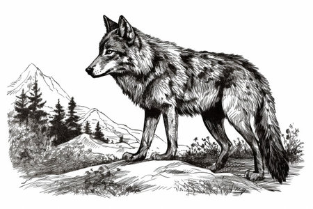 Hand drawn ink illustration of a wolf in its natural habitat. Created with generative AI.の素材
