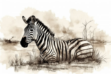 Hand drawn ink illustration of a zebra in its natural habitat. Created with generative AI.の素材