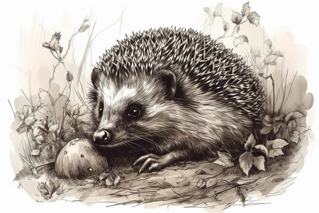 Hand drawn ink illustration of a hedgehog in its natural habitat. Created with generative AI.の素材