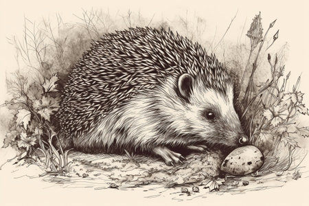 Hand drawn ink illustration of a hedgehog in its natural habitat. Created with generative AI.の素材