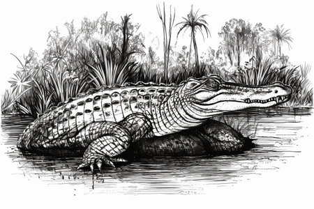 Hand drawn ink illustration of an aligator in its natural habitat. Created with generative AI.の素材