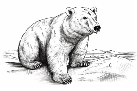 Hand drawn ink illustration of a polar bear in its natural habitat. Created with generative AI.の素材