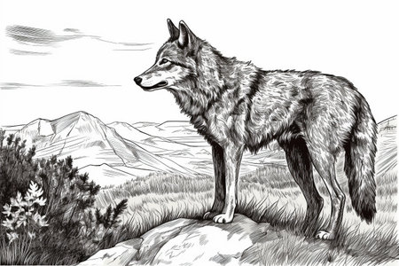 Hand drawn ink illustration of a wolf in its natural habitat. Created with generative AI.の素材