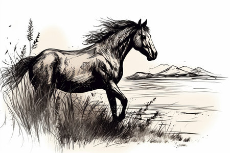 Hand drawn ink illustration of a wild horse in its natural habitat. Created with generative AI.の素材