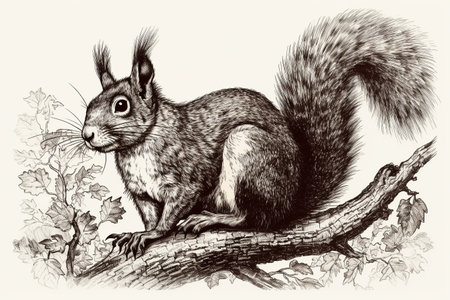 Hand drawn ink illustration of a squirrel in its natural habitat. Created with generative AI.の素材