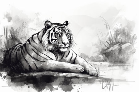 Hand drawn ink illustration of a tiger in its natural habitat. Created with generative AI.の素材